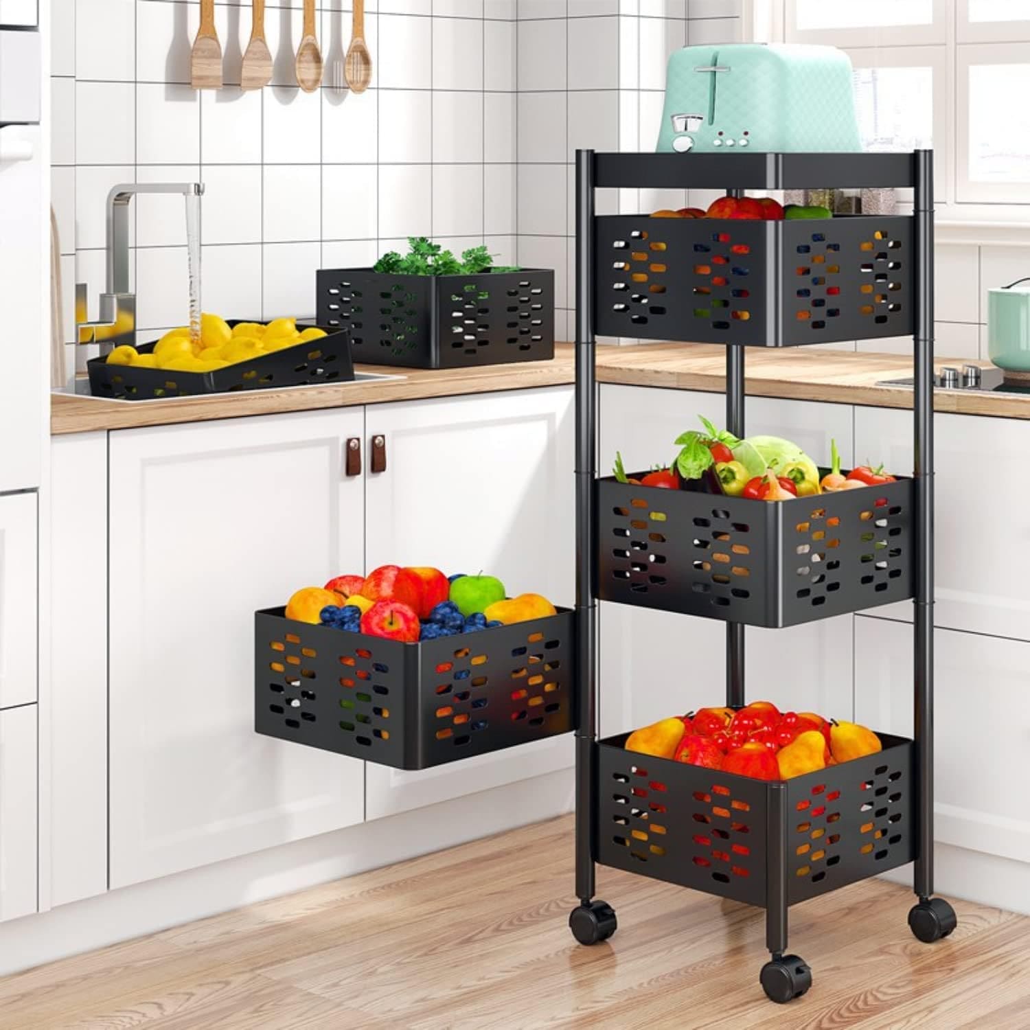 Square Multi Tier Rotating Storage Basket, 360° Rotating Fruit and Vegetable Stand, Kitchen Storage Rack with Mesh Baskets & Wheels, Mobile Kitchen Storage Fruit and Vegetable Holder