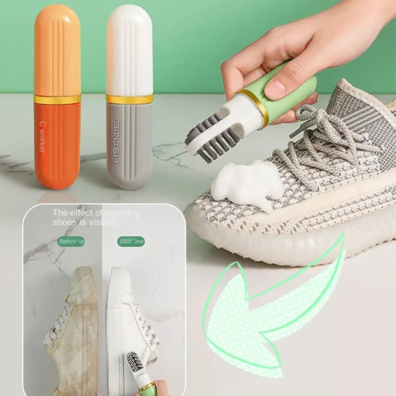 Sneakers Cleanings Brush, 3 In 1 Multifunctional Cleaning Brush, Dual Bristles Shoe Brush, Travel Sneaker Cleaner Kit, Portable Liquid Spray Household Cleaning Brush, Press Shoe Washing Brush with Soap Dispenser