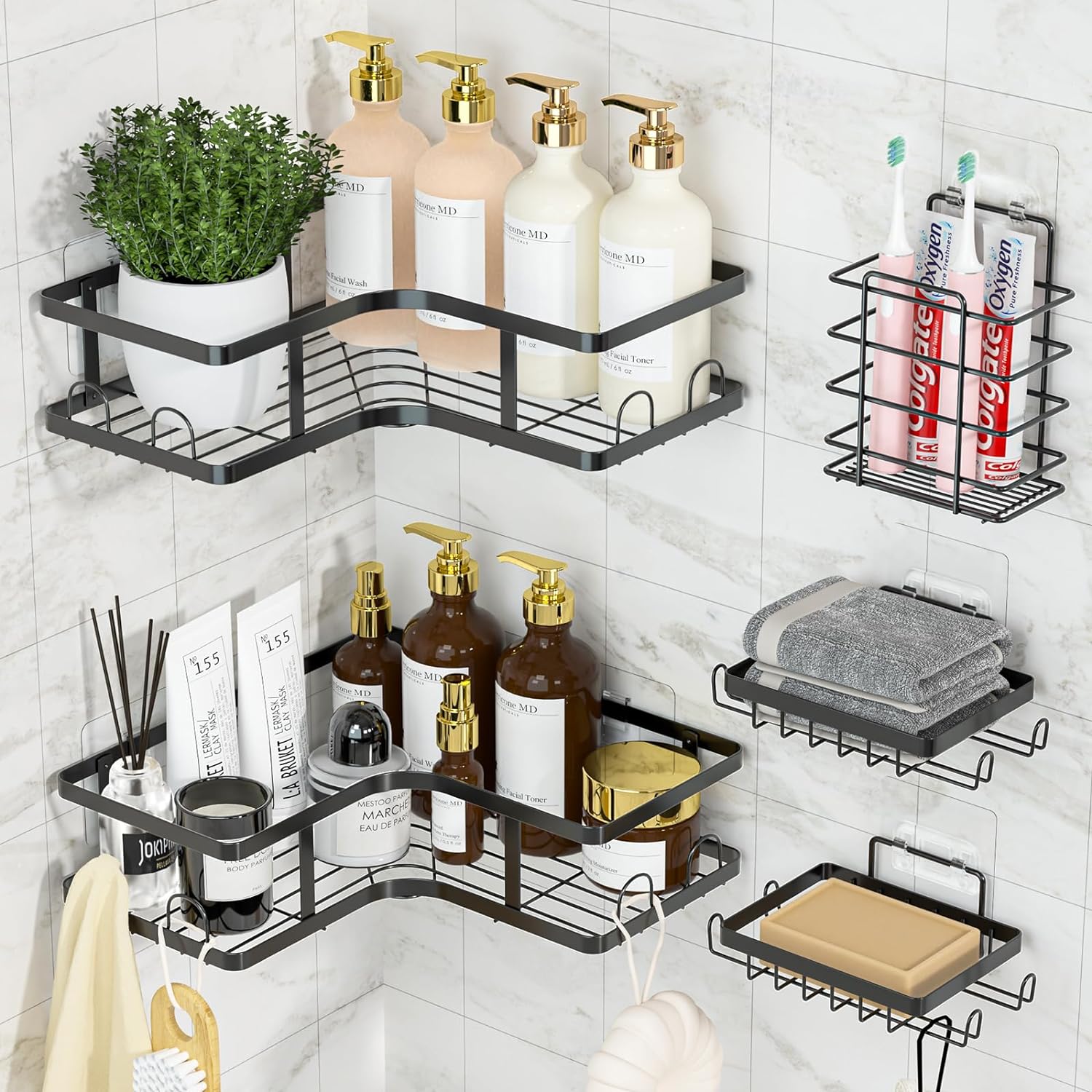 Set Of 5 Mesh Shower Shelves, Multipurpose Wall Storage Racks, Stainless Steel Bathroom Corner Baskets, Shower Basket for Hanging, Shampoo, Shower Gel, Soap Holder