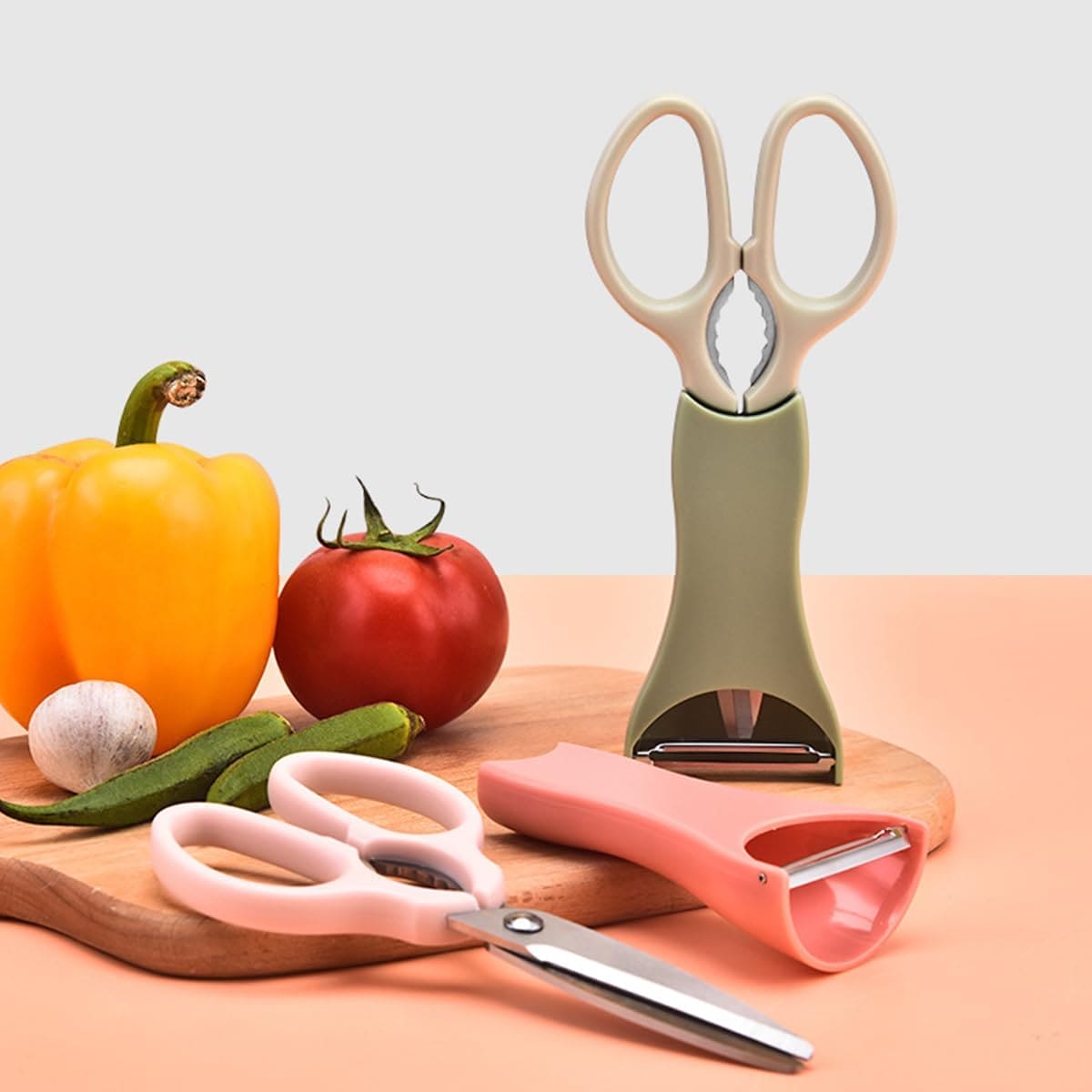 Kitchen Scissor Peelar Set, 3 In 1 Melon Planer, Wovilon Scissor And Peelar, Multipurpose Food Shear, Practical Kitchen Cutting Tool, Heavy Duty Meat Poultry,  Stainless Steel Utility for Ultra Sharp Seafood Herb Serrated