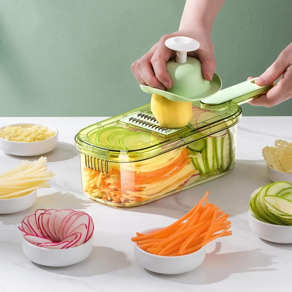 Multifunctional Vegetable Stinger, Vegetable Slicer Chopper Cutter Shredder with Storage Box,  Vegetable Cutter With Basket, Hand Guard Potato Grater With Storage, Vegetable Chopper With Container, Transparent Slicer Shredder And Cutter