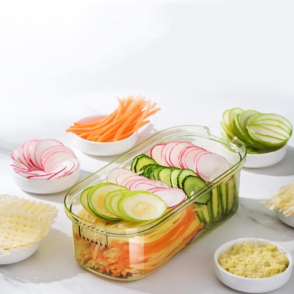 Multifunctional Vegetable Stinger, Vegetable Slicer Chopper Cutter Shredder with Storage Box,  Vegetable Cutter With Basket, Hand Guard Potato Grater With Storage, Vegetable Chopper With Container, Transparent Slicer Shredder And Cutter