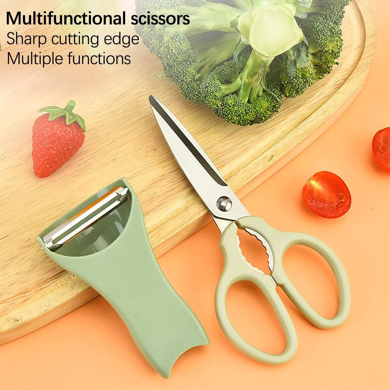Kitchen Scissor Peelar Set, 3 In 1 Melon Planer, Wovilon Scissor And Peelar, Multipurpose Food Shear, Practical Kitchen Cutting Tool, Heavy Duty Meat Poultry,  Stainless Steel Utility for Ultra Sharp Seafood Herb Serrated