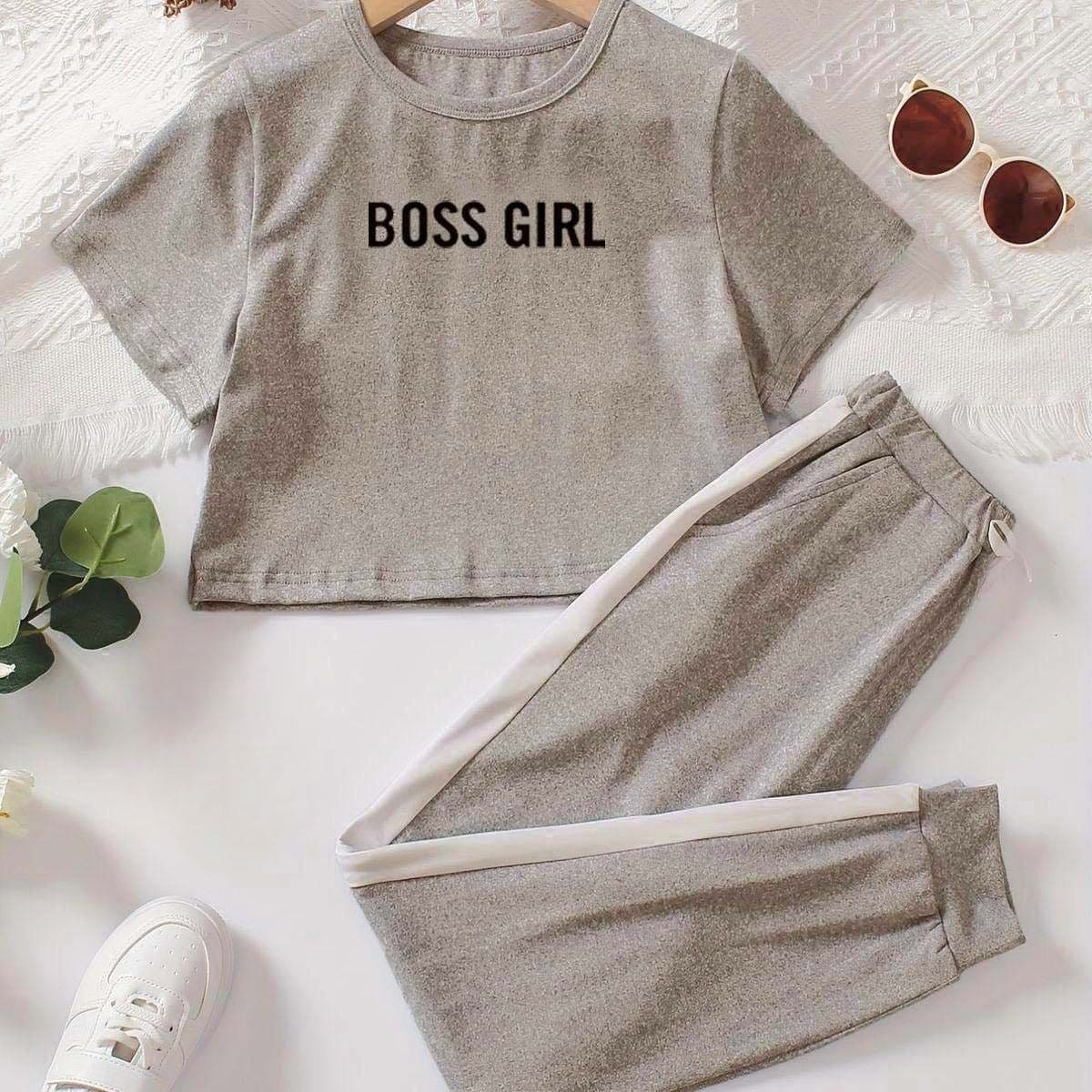 Boss Girl Crop Top Printed Track Suit, Women's Soft Sports, Comfortable Pant Sportive Track Suit