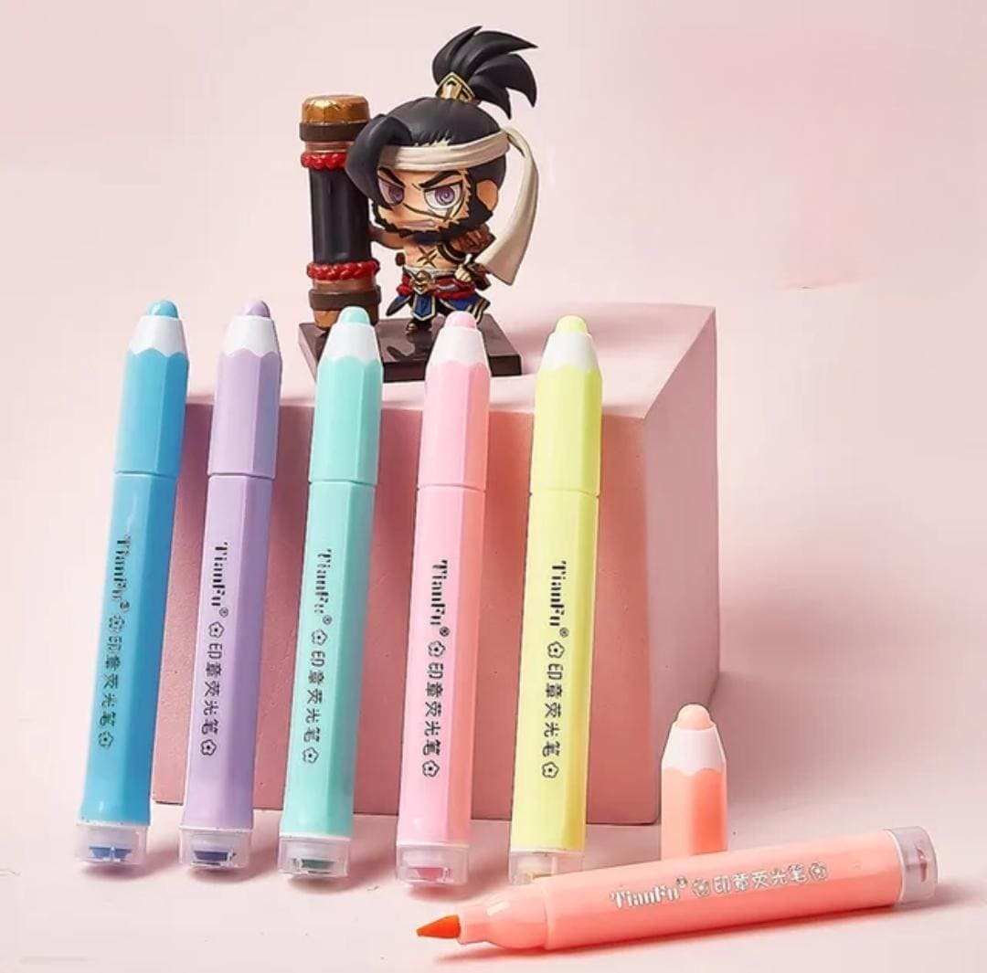 Set Of 6 Pencil Shape Highlighter, Cute Design Stamp Highlighter Pens, Fluorescent Coloring Pens for Student Office School Home