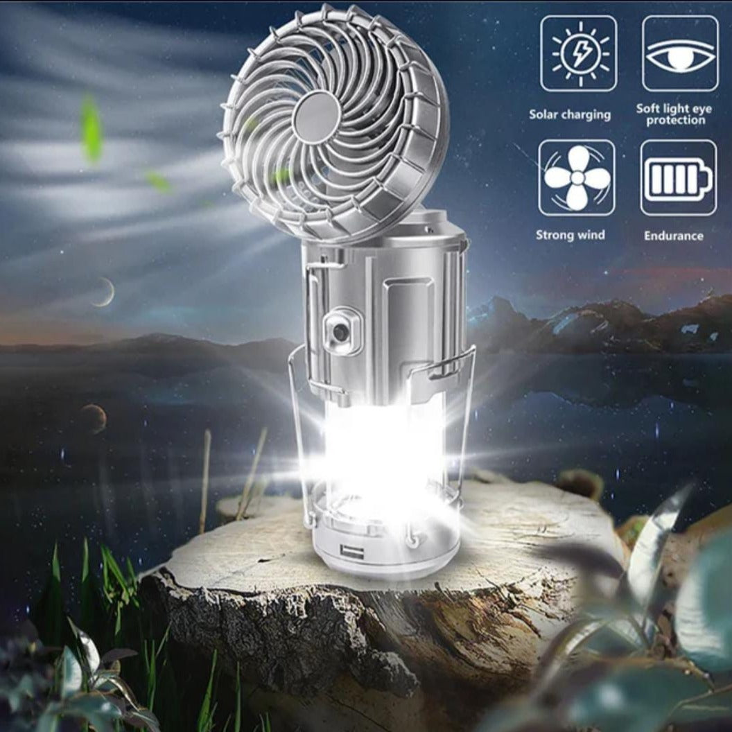 Multifunctional Camping Fan Light, Portable Hanging Tent Fan Light, Electric Fan Solar Powered Camping Fan with LED Lantern, Handheld Foldable Rechargeable Lamp