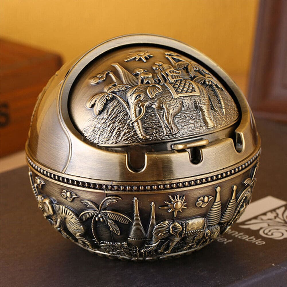 Antique Flip Ashtray, Vintage Windproof Ashtray with Flip Lid, Elephant Spherical Ashtray For Smoking, Metal Instant Smokeless Ashtray, Retro Round Ash Holder, Anti-fall Portable Cigarettes Ashtray, Anti Fall Tobacco Ash Tray