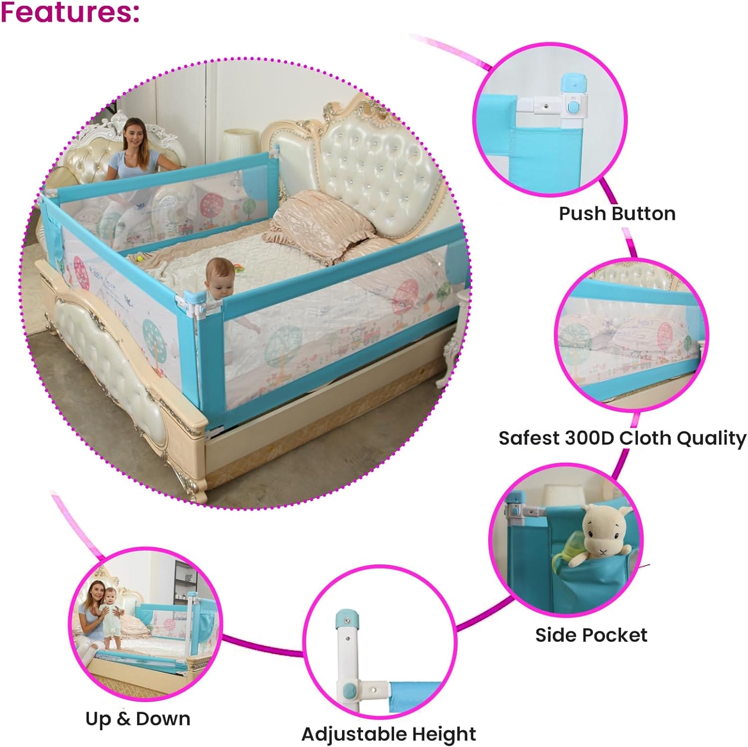 Baby Bed Safety Guard, Children Bed Barrier, Fence Guardrail Security, Foldable Baby Bed Fencing Gate, Crib Adjustable Safety Kids Rails, Safety Protection Guard Beige for Toddler, Up & Down Falling Protector Bed Rails for Kids