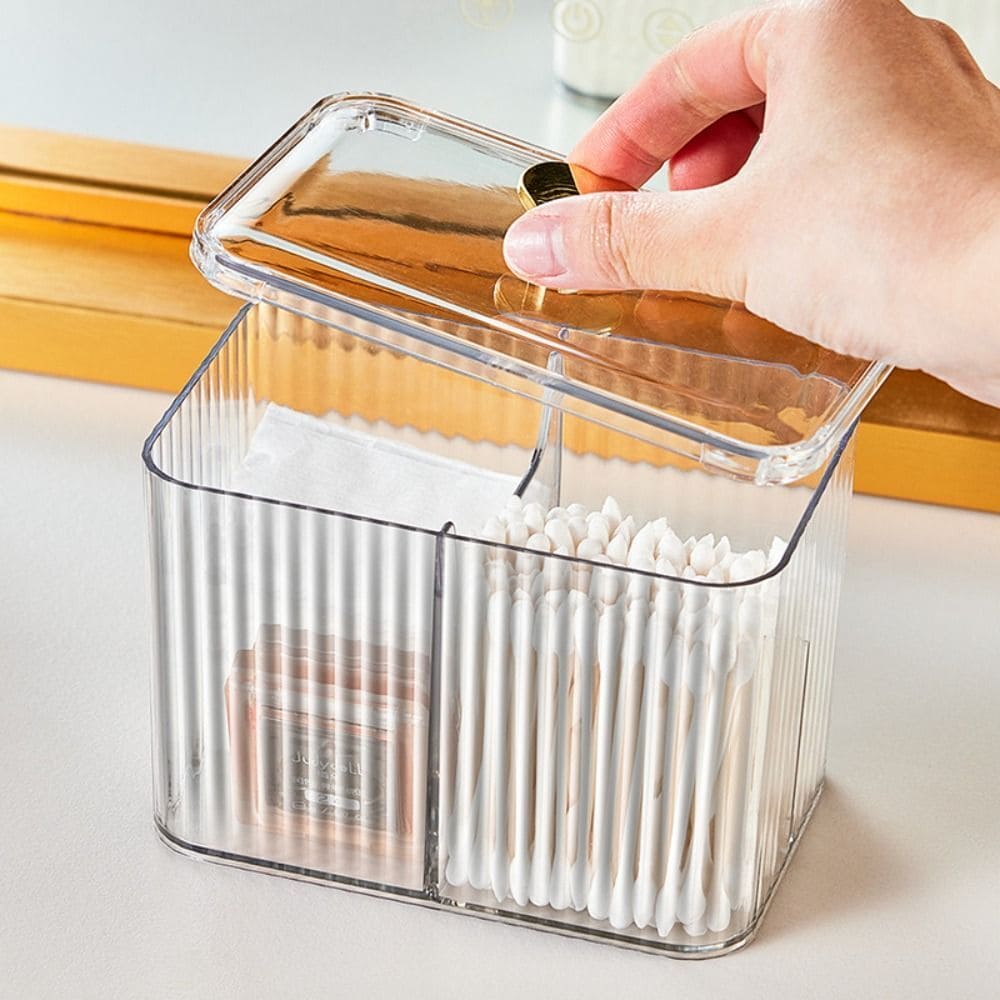 Double Layer Cotton Swab Box, Heart Transparent Storage Box With Lid, 3 Section Qtip Holder, Multifunctional Home Storage Box, Home Cosmetic Storage Box, Bathroom Canisters Vanity Organizer, Transparent Cosmetic Storage Box