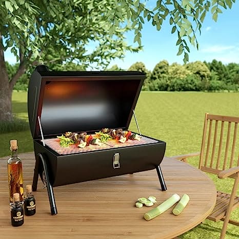 Round Folding BBQ Grill, Outdoor Tabletop Barbecue Grill, Multifunctional Portable Charcoal Grill, Compact Camping Grills for Outdoor Cooking, Smokey Charcoal Grill, Small Charcoal BBQ Grill Kitchen Cooking Tools, Counter Top Double Sided BBQ Oven