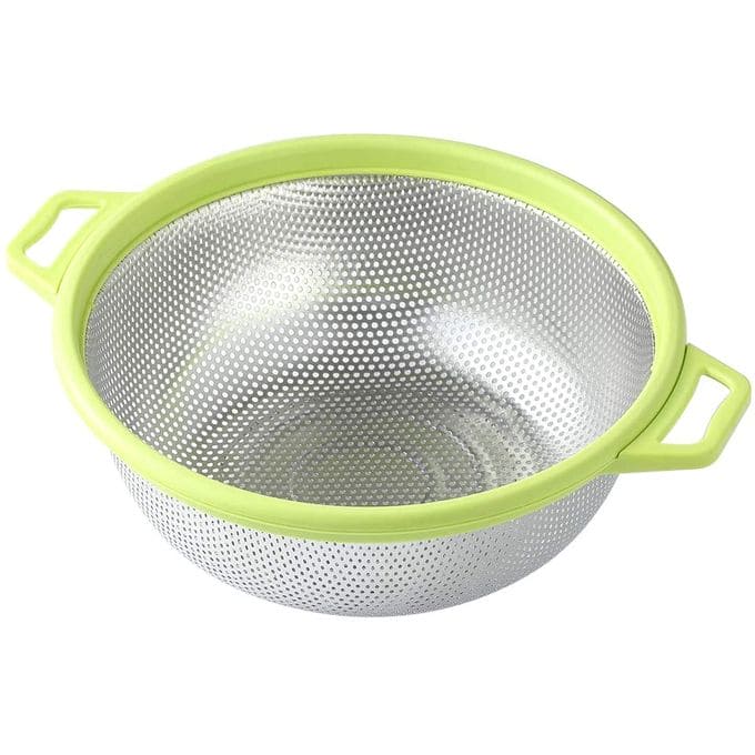 Generic Plastic Handle Steel Colander, Stainless steel Drain Pan Basket, Multipurpose Vegetable Washing Basket, Stainless Steel Rice Washing Sieve with Plastic Handle, Vegetable Fruit Clean Storage Basket