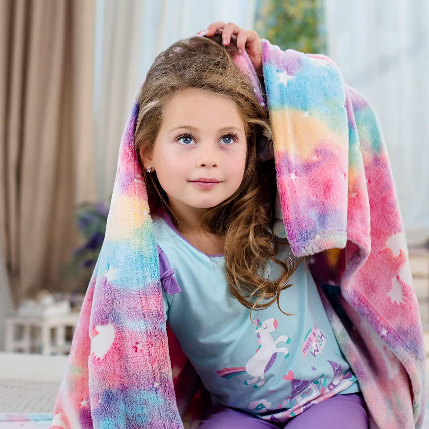 Glow In The Dark Blanket, Luminous Glowing Blanket For Kids, Super Soft Cozy Warm Rainbow Blanket, Unicorns Flannel Throw Blanket, Sleepiwsh Unicorn Kids Glow Throw, Rainbow Blanket Birthday for Toddler Kids, Cozy Soft Fluffy Fleece Nap Sleep Blankets