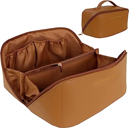 Classy Cosmetic Bag, Portable Leather Makeup Pouch, Waterproof Travel Washbag, Large Opening Makeup Bag, Multifunctional Leather Organizer Bag With Dividers And Handle, Lay Flat Large Opening Makeup Bag