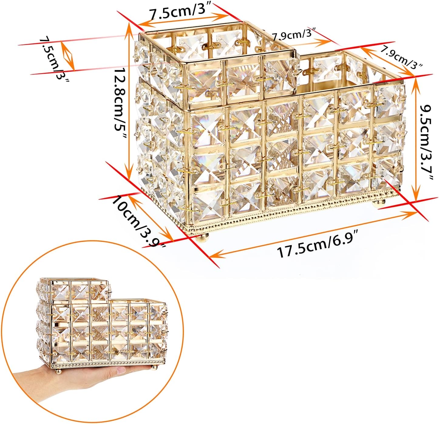 Nordic Crystal Makeup Brush Holder, Desktop Eyebrow Pencil Storage Bucket, Jewelry Cosmetic Organizer, Vintage Square Crystal Cosmetic Brush Holder, Multifunctional Double Compartment Luxury Organizer