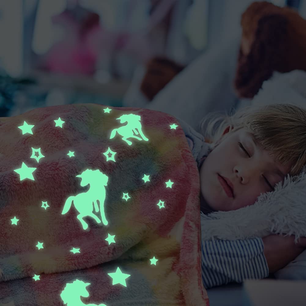 Glow In The Dark Blanket, Luminous Glowing Blanket For Kids, Super Soft Cozy Warm Rainbow Blanket, Unicorns Flannel Throw Blanket, Sleepiwsh Unicorn Kids Glow Throw, Rainbow Blanket Birthday for Toddler Kids, Cozy Soft Fluffy Fleece Nap Sleep Blankets