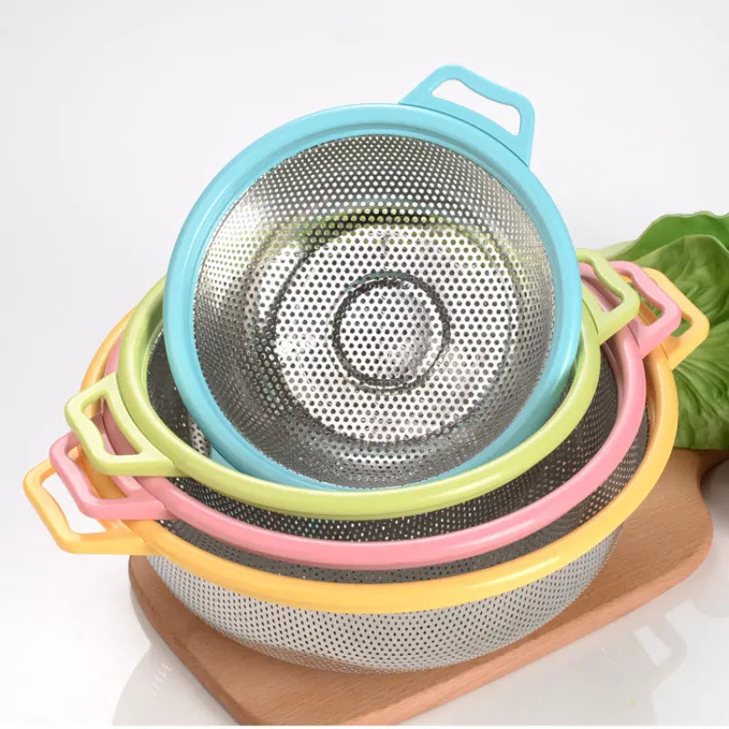 Generic Plastic Handle Steel Colander, Stainless steel Drain Pan Basket, Multipurpose Vegetable Washing Basket, Stainless Steel Rice Washing Sieve with Plastic Handle, Vegetable Fruit Clean Storage Basket