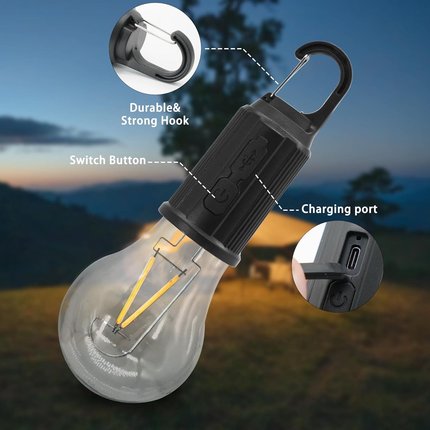Rechargeable LED Lamp Bulb, Emergency Camping Lights with Clip Hook, Mini Portable Camping Light, Portable Camping Lantern with Hook, Outdoor LED String Bulb, Waterproof Type C Charging Camping Lantern