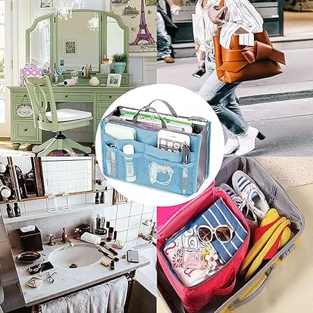 Organizer Insert Bag, Nylon Travel Handbag Purse, Large liner Lady Makeup Cosmetic Bag, Multi Zipper Makeup Bag, Double Zipper Storage Bag, Multipurpose Tote Bag