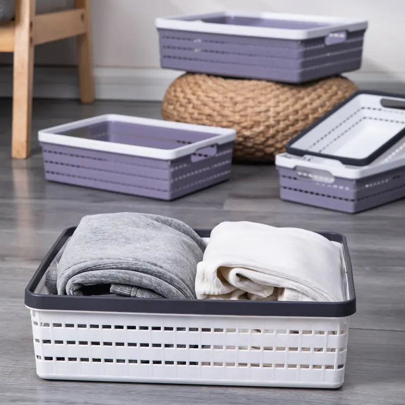 Horizontal Storage Basket, Multifunctional Storage Bin, Stackable Plastic Box, Home Use Clothes And Food Storage Basket, Woven Basket Bin with Handles, Pantry Organizer Basket