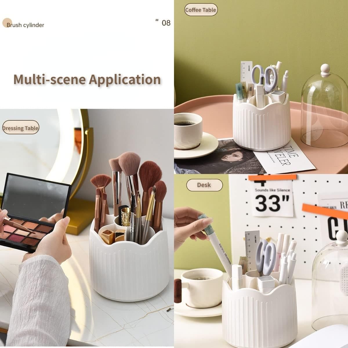 Wave Makeup Brush Organizer, Starry 360° Rotating Makeup Organizer, Cosmetic Organizer Bucket with Visible Cover, Desktop Makeup Brush Storage Bucket, Multifunctional Desktop Stationary Organizer, Dustproof Rotating Makeup Brush Holder