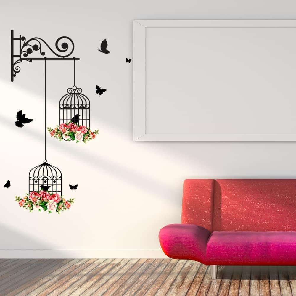 Bird Cage Wall Sticker, Household Colorful Flower Bird Cage Wallpaper, Home Decor Living Room Decals Sticker, Wall Art Decorative Wall Stickers, Self Adhesive Murals Wallpaper, Living Room Wall Stickers, Vinyl Wall Decals Wall Sticker