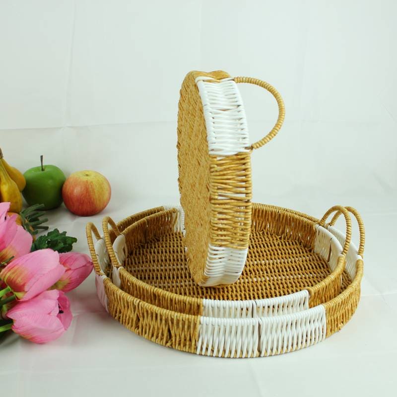 Set Of 3 Oval Rattan Basket, Double Ear Non Woven Imitation Tray, Bread Basket Fruit Basket, Creative Display Snack Storage Basket, Plastic Rattan Lace Bamboo Basket, Kitchen Dining Fruit Plate, Multipurpose Storage Basket