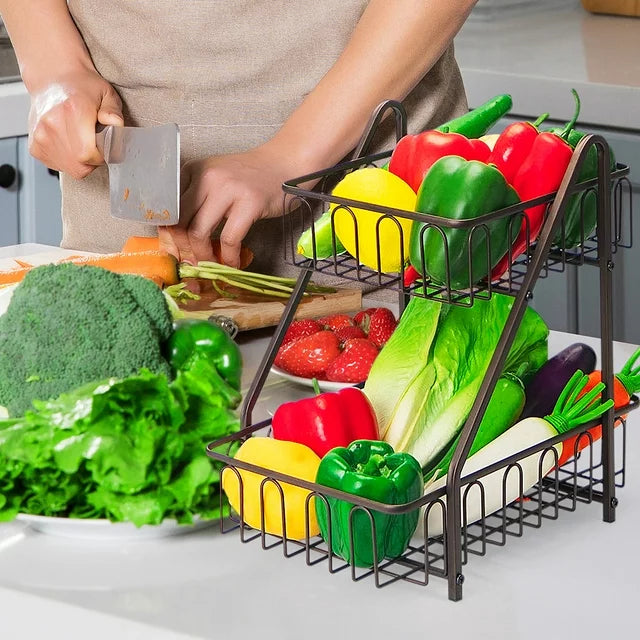 Multifunctional Countertop Basket, 2-Tier Countertop Fruit Basket Bowl, Vegetable Bread Storage Basket for Kitchen, Dining Table, Kitchen Pantry Organizers Shelf
