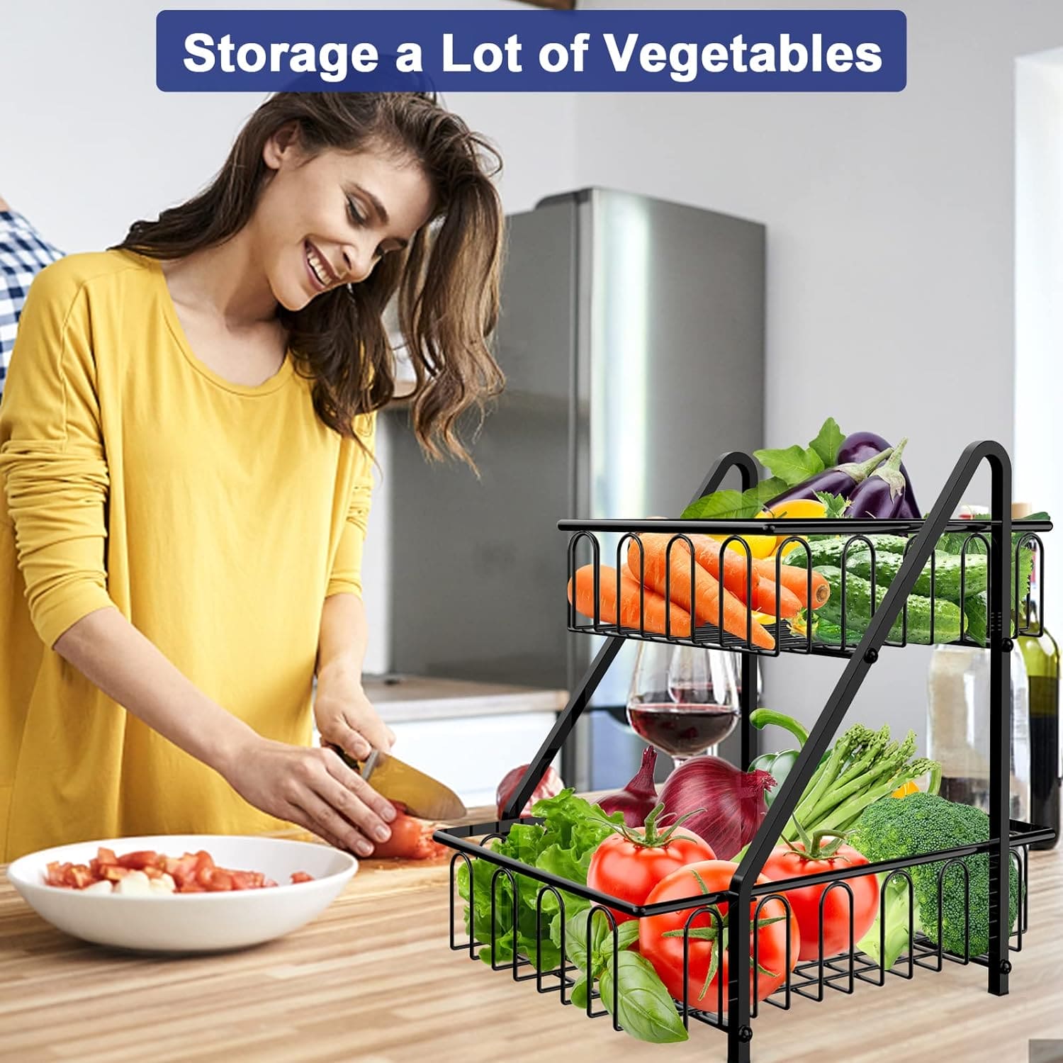 Multifunctional Countertop Basket, 2-Tier Countertop Fruit Basket Bowl, Vegetable Bread Storage Basket for Kitchen, Dining Table, Kitchen Pantry Organizers Shelf