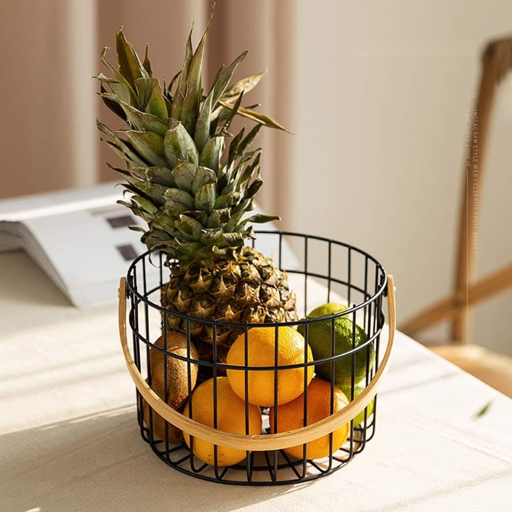 Wooden Handle Iron Basket, Metal Fruit Bowl, Portable Storage Basket, Wrought Iron Modern Sundries Basket, Multipurpose Metal Wire Storage Basket, Home Supplies Picnic Basket