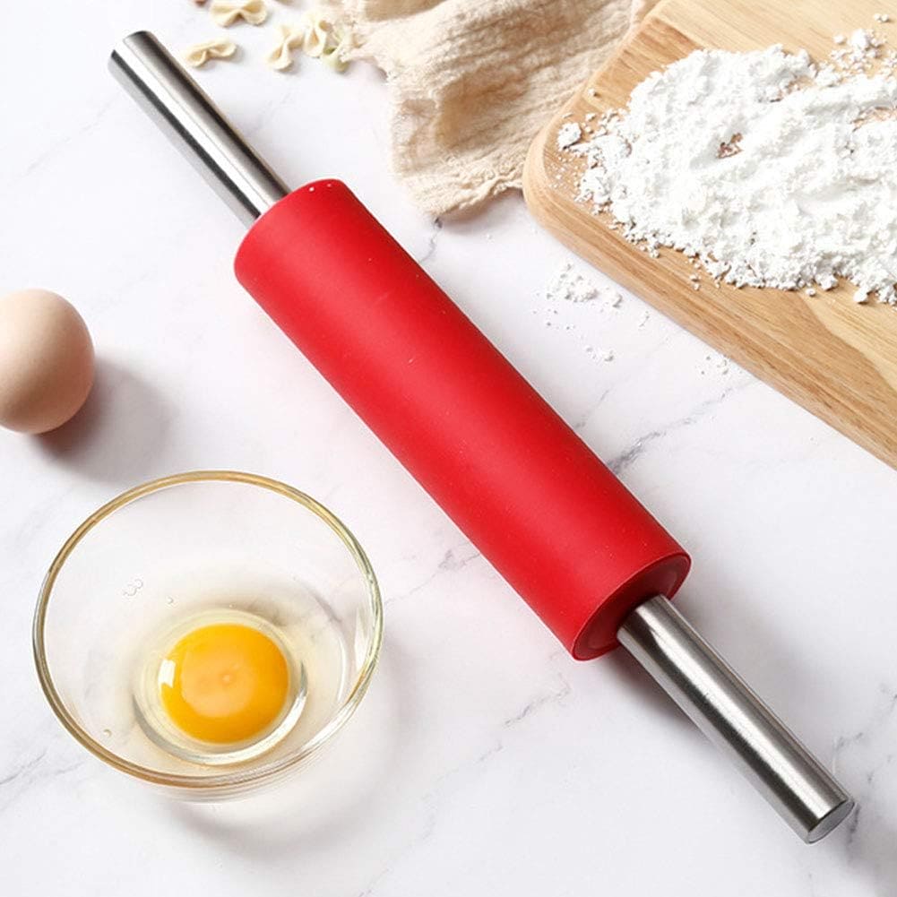 Metal Kitchen Roti Belan, Silicone Flour Stick Rolling Pin, Steel Handle Dough Roller, Non-Stick Dough Roller