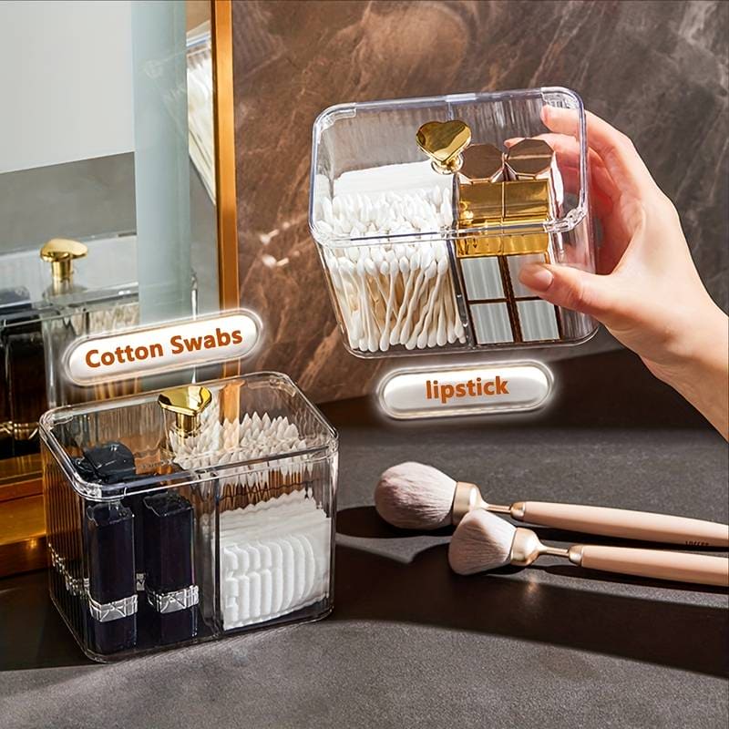Double Layer Cotton Swab Box, Heart Transparent Storage Box With Lid, 3 Section Qtip Holder, Multifunctional Home Storage Box, Home Cosmetic Storage Box, Bathroom Canisters Vanity Organizer, Transparent Cosmetic Storage Box