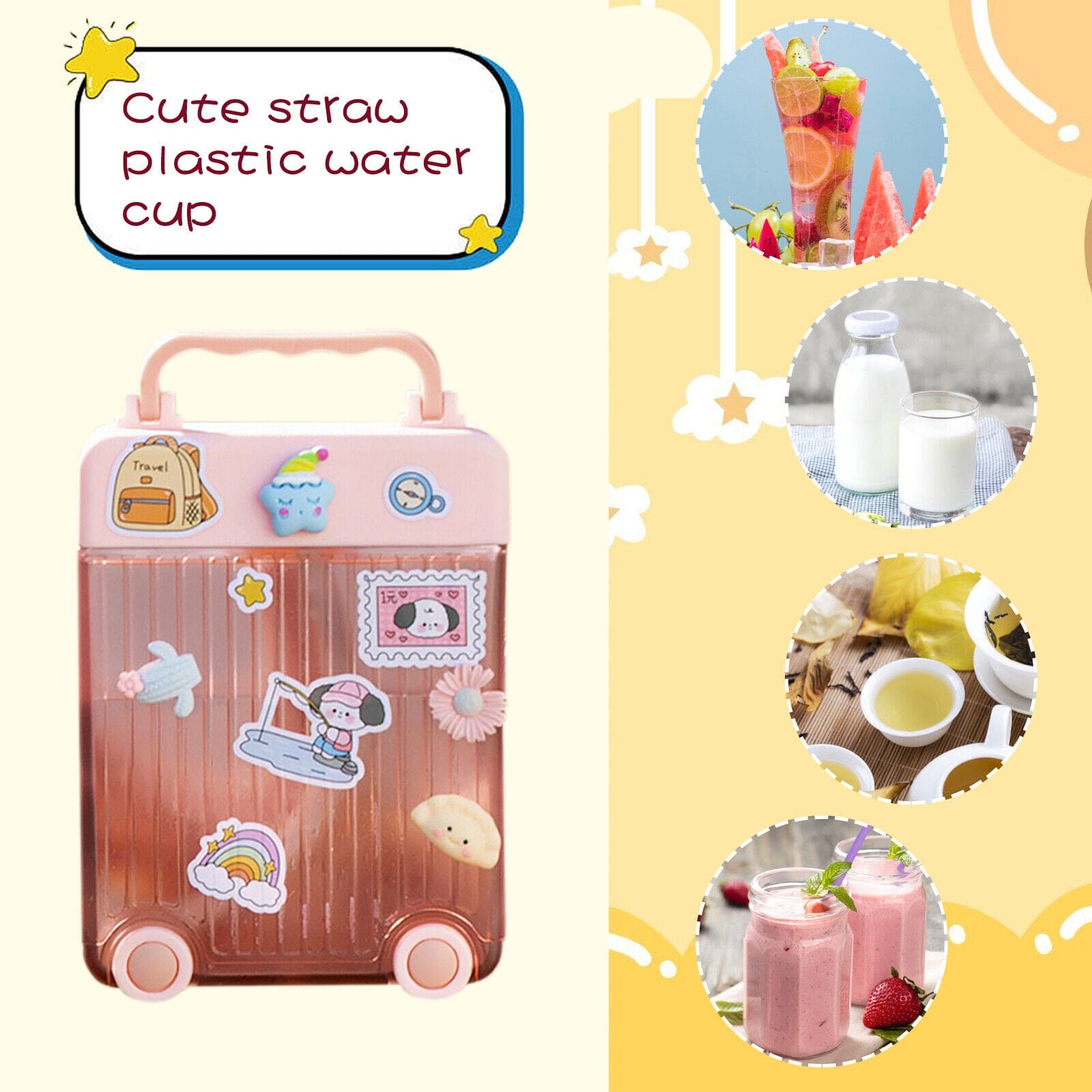 Cute Suitcase Straw Water Bottle, 450ml Plastic Water Cup with Straw Briefcase Shape Kids Water Bottle, Portable Drinking Cup for Girls Boys School, Easy to Carry Sports Bottles for Girls and Boys
