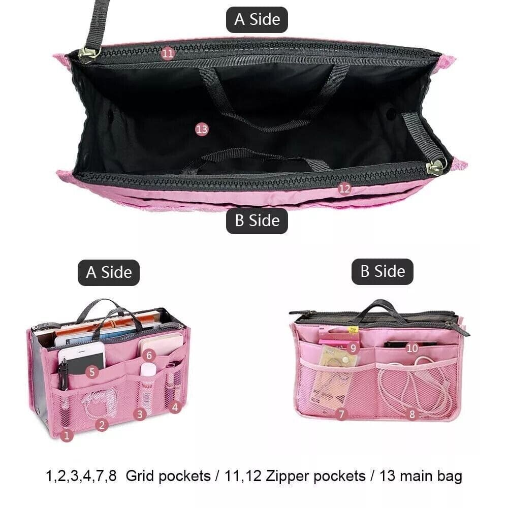 Organizer Insert Bag, Nylon Travel Handbag Purse, Large liner Lady Makeup Cosmetic Bag, Multi Zipper Makeup Bag, Double Zipper Storage Bag, Multipurpose Tote Bag