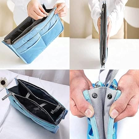 Organizer Insert Bag, Nylon Travel Handbag Purse, Large liner Lady Makeup Cosmetic Bag, Multi Zipper Makeup Bag, Double Zipper Storage Bag, Multipurpose Tote Bag