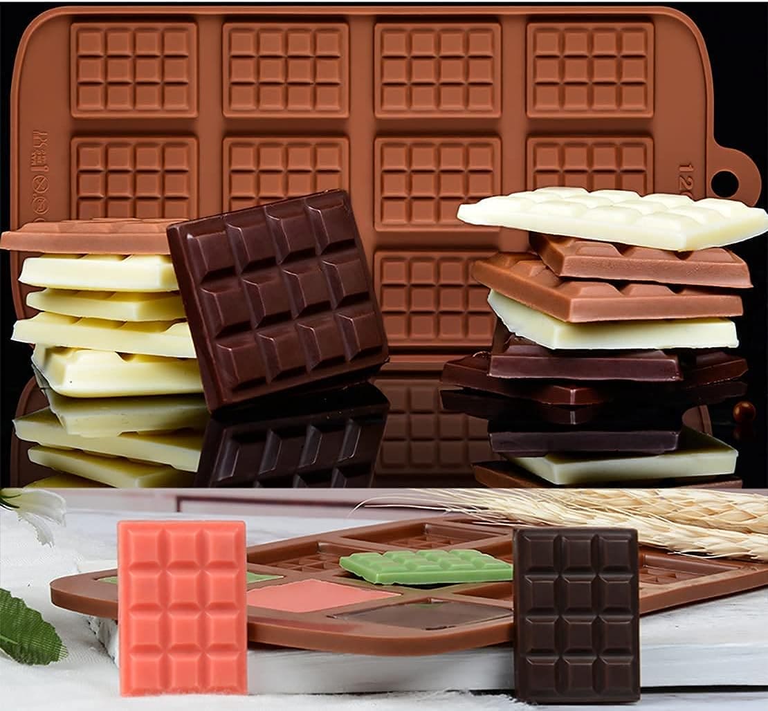 Silicone Chocolate Mini Bar Mold, 12 Even Chocolate Mold, Fondant Patisserie Candy Bar Mold, Non Stick Cake Decoration Mold, Mini Waffle Shape Mold, Flexible Clip-On Bar Trays Suitable for Chocolate, Kitchen Baking Accessories
