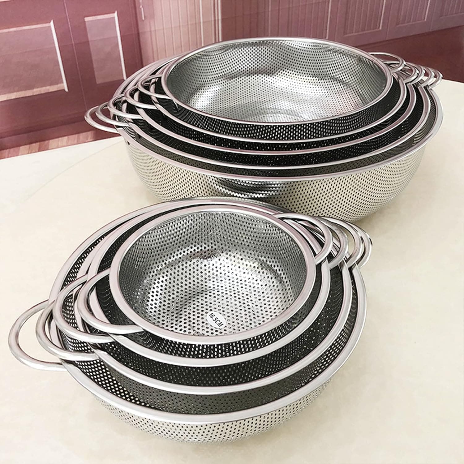 Set Of 6 Stainless Steel Punching Basket, Kitchen Steel Mesh Strainer Colander Set, Metal Colanders With Handle, Fruit Vegetable Washing Basket, Steel Washing Filter Strainer, Micro Perforated Colander Draining, Handheld Spider Strainer