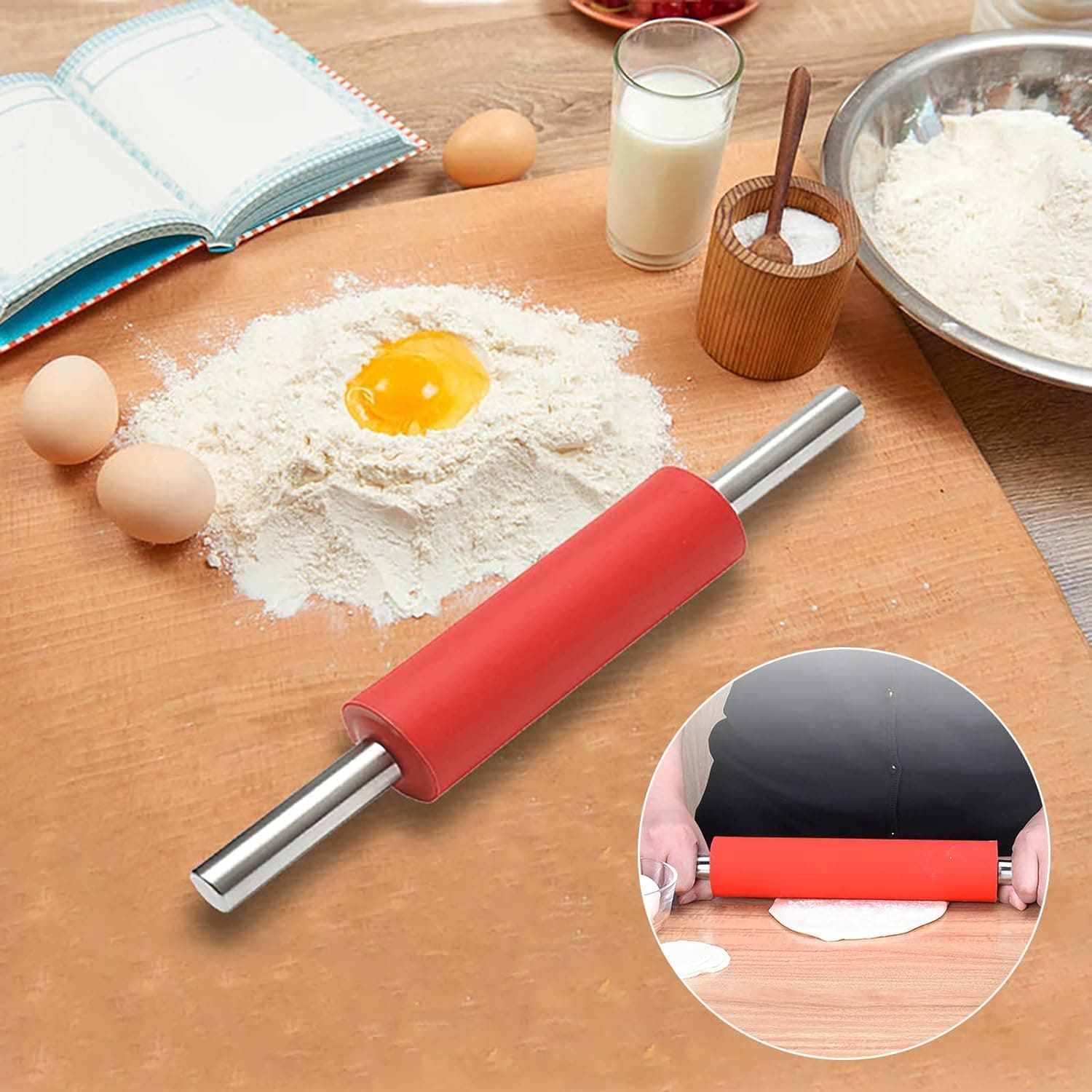 Metal Kitchen Roti Belan, Silicone Flour Stick Rolling Pin, Steel Handle Dough Roller, Non-Stick Dough Roller