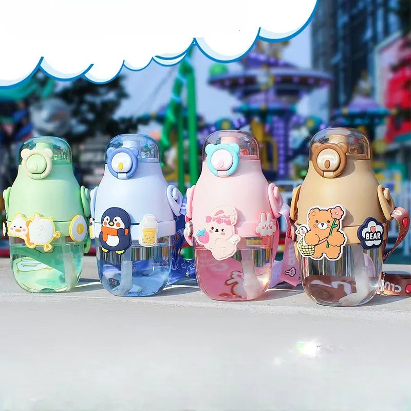 Animated Water Bottle, Summer Water Bottle For Kids, Cute Plastic Kid Water Cup, Water Bottle with Shoulder Strap, Cute Insulated Water Bottles, Portable Kid Drink Mug, Plastic Outdoor School Drink Water Cup, Cute Water Bottles with 3D Stickers
