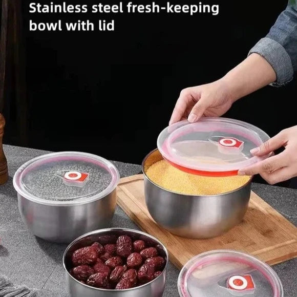 Set Of 3 Steel Fresh Bowl, Mixing Crisper Food Container Bowls, Stackable Portable Cooking Nesting Storage Bowls, Kitchen Rust-proof Food Storage Prep Bowl, Multifunctional Sealed Fresh Cooking Bowl