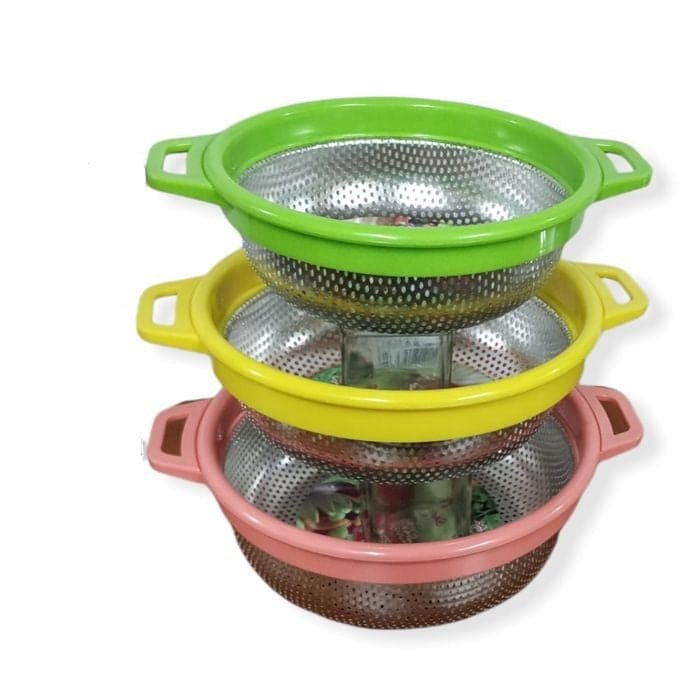 Generic Plastic Handle Steel Colander, Stainless steel Drain Pan Basket, Multipurpose Vegetable Washing Basket, Stainless Steel Rice Washing Sieve with Plastic Handle, Vegetable Fruit Clean Storage Basket