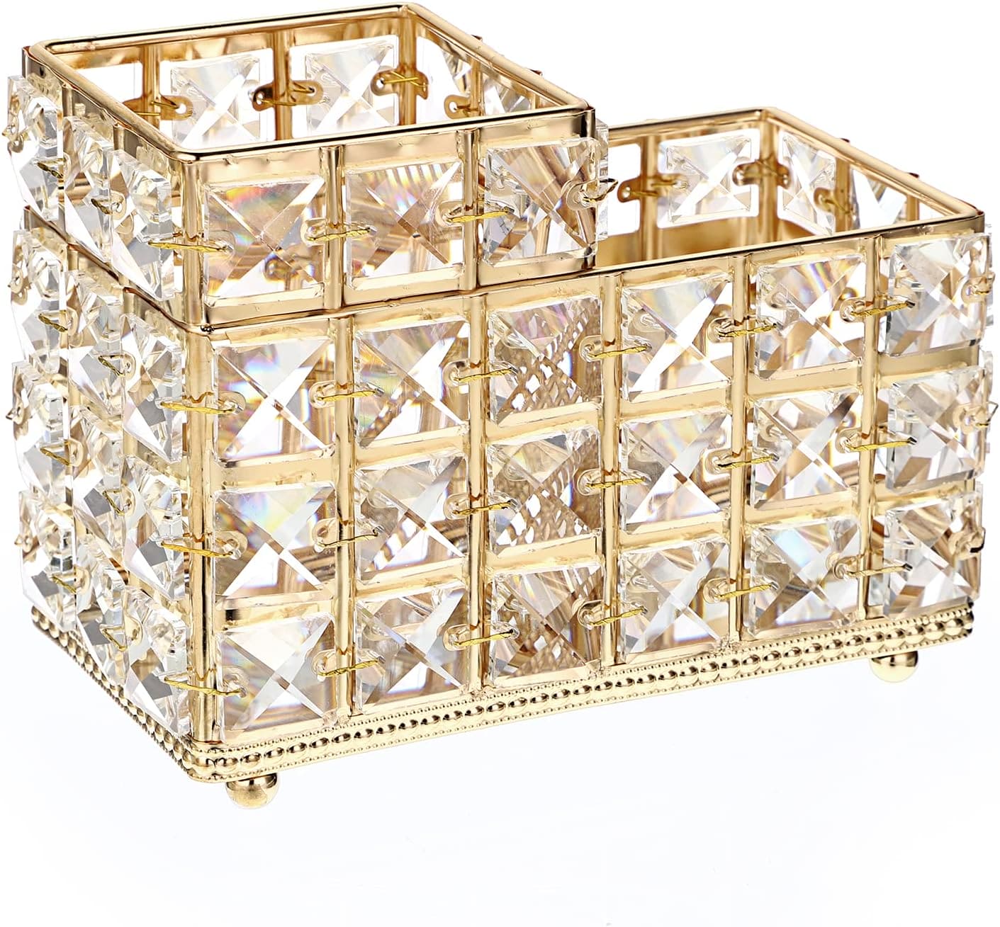 Nordic Crystal Makeup Brush Holder, Desktop Eyebrow Pencil Storage Bucket, Jewelry Cosmetic Organizer, Vintage Square Crystal Cosmetic Brush Holder, Multifunctional Double Compartment Luxury Organizer