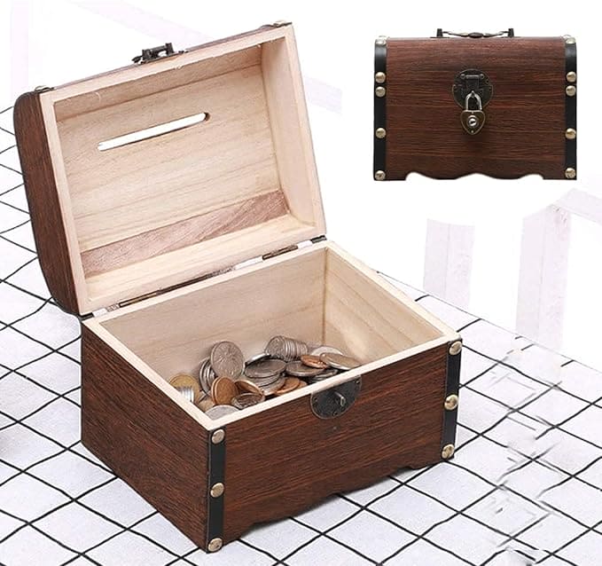 Treasure Money Box, Vintage Wood Money Saving Box With Lock, Pirate Multipurpose Treasure Chest Box, Children Lockable Coin Box, Paper Note And Coin Saving Box, Retro Wooden Treasure Chest Money Bank