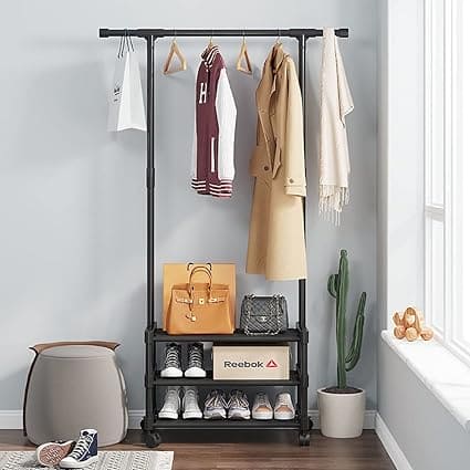 Multifunctional Cloth Rack With Wheels, Multilayer Floor Hanger, 4 in 1 Hall Tree with Storage Shelf,  Simple Cloth Organizer Wardrobe, Shoes Rack Home Organizer, Multifunction Floor Standing Clothes Hanger Rack