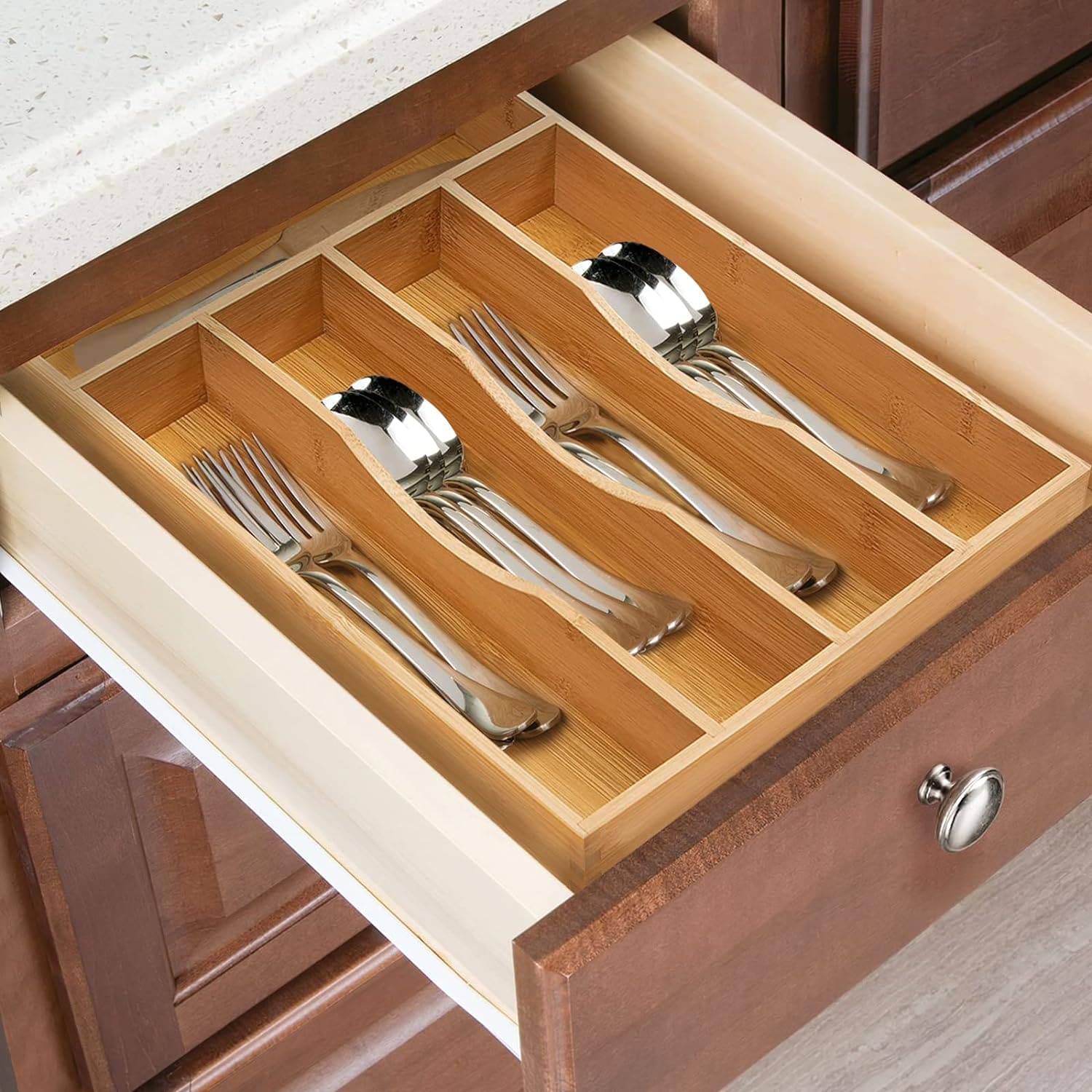 5 Compartment Bamboo Cutlery Tray, Kitchen Drawer Utensils Holder, Wooden Knife Fork Spoon Organizer Case, Bulk Bamboo Cutlery Tray, Drawer Multi Compartment Flatware Tray