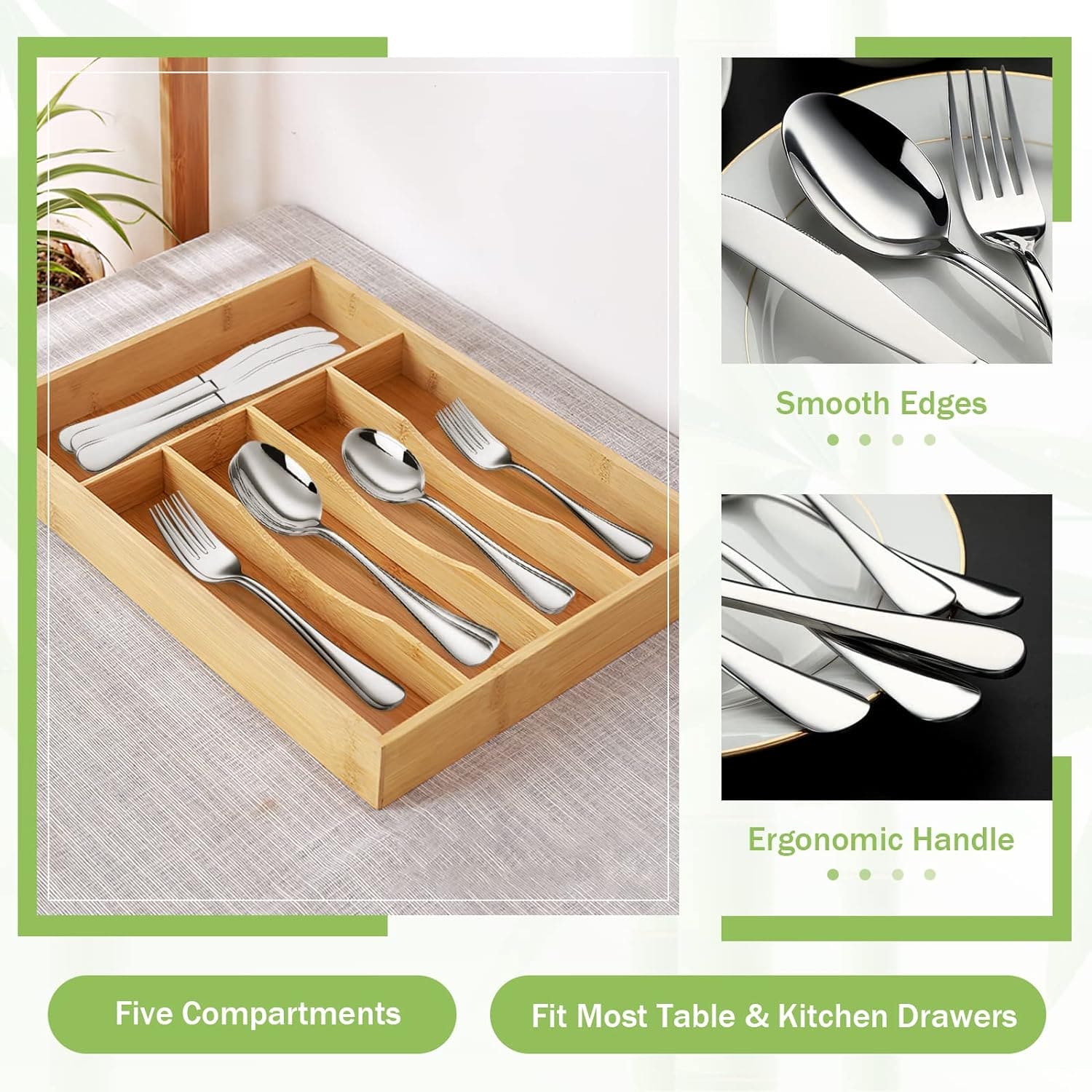 5 Compartment Bamboo Cutlery Tray, Kitchen Drawer Utensils Holder, Wooden Knife Fork Spoon Organizer Case, Bulk Bamboo Cutlery Tray, Drawer Multi Compartment Flatware Tray
