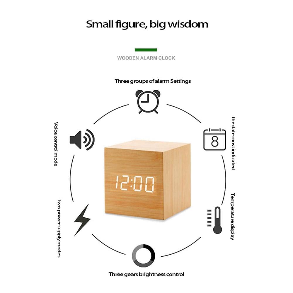 Wooden Led Smart Alarm Clock, Cube Digital Alarm Clock, Mini Digital C ...