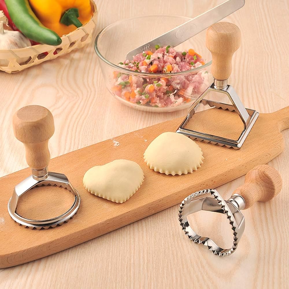 Cookie Stamp Cutter, Professional Ravioli Cutter Set with Wooden Handle, DIY Decoration Fondant Press Cutter, Press Mold Dumpling Lace Embossing Device