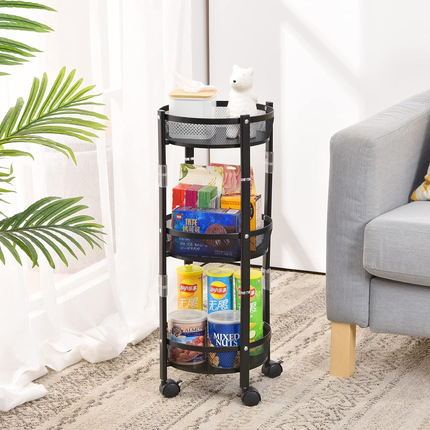 3 Folding Storage Cart, Flexible Food Trolley, Home Snack Vegetables Storage Rack with Wheels, Multifunctional 3 Tier Storage Cart