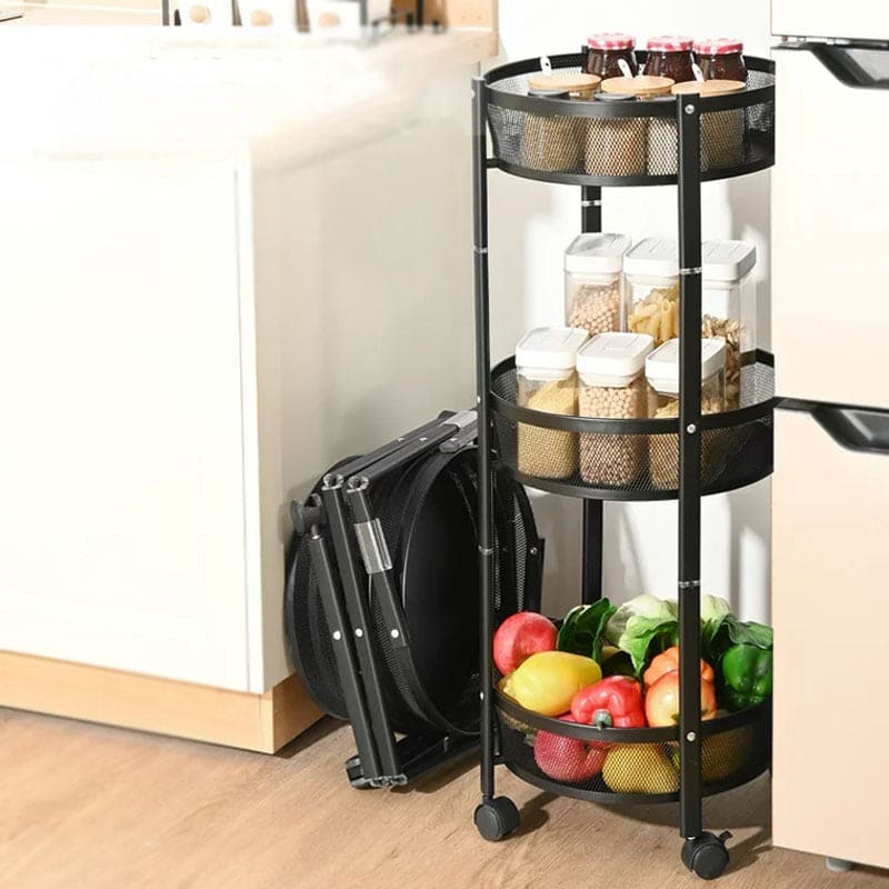 3 Layer Folding Storage Cart, Flexible Food Trolley, Home Snack Vegetables Storage Rack with Wheels, Multifunctional 3 Tier Storage Cart