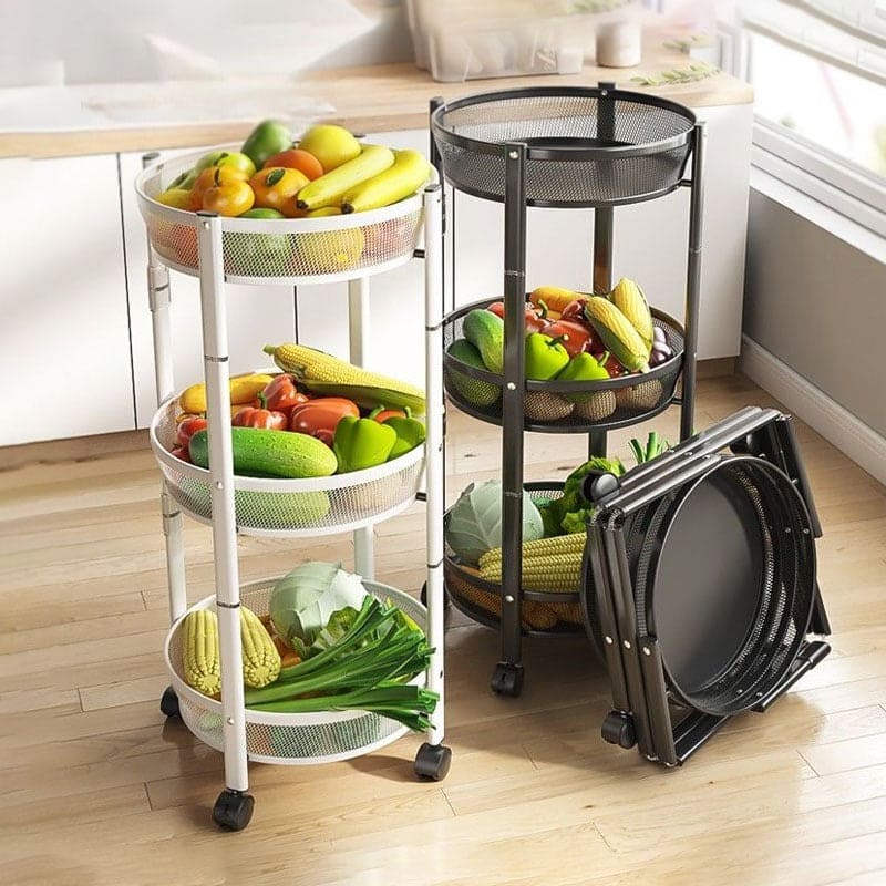3 Layer Folding Storage Cart, Flexible Food Trolley, Home Snack Vegetables Storage Rack with Wheels, Multifunctional 3 Tier Storage Cart